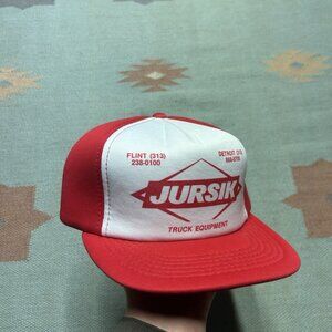 Vintage trucker hat mesh cap Jursik truck equipment flint Detroit Michigan red